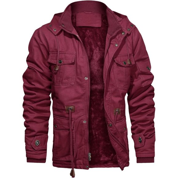 Mens Wine Red Thick Winter Jacket Hooded Fleece Lined Cotton Military Coat - Picture 1 of 6